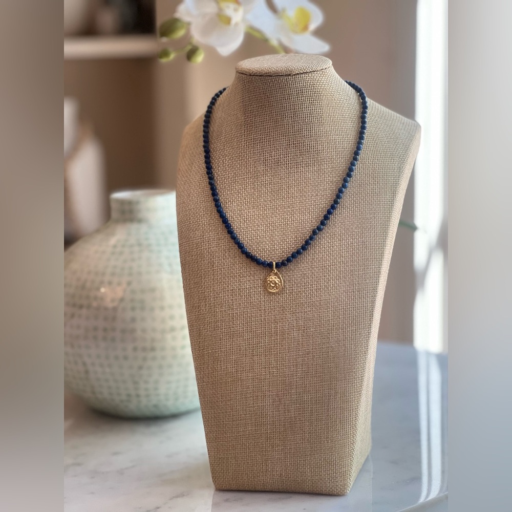 Genuine Lapis Lazuli Beaded Necklace with Gold Coin Charm
